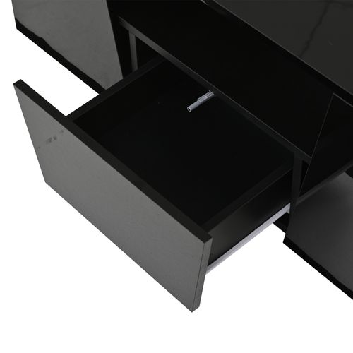 Table Basse Noire LED 100x50x40 Cm, Design Irrégulier, 2 Armoires, 1 Tiroir, Brillante, Rangement