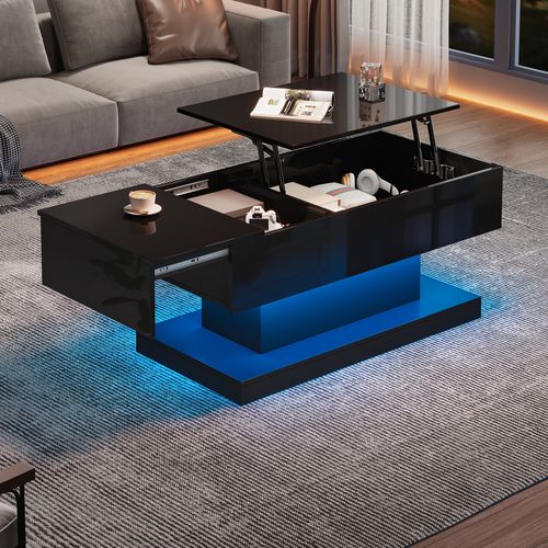 Table Basse Brillante 100x50x45 Cm Avec LED, Plateau Relevable, Design Coulissant Et Rangement