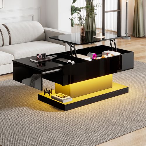 Table Basse Brillante 100x50x45 Cm Avec LED, Plateau Relevable, Design Coulissant Et Rangement