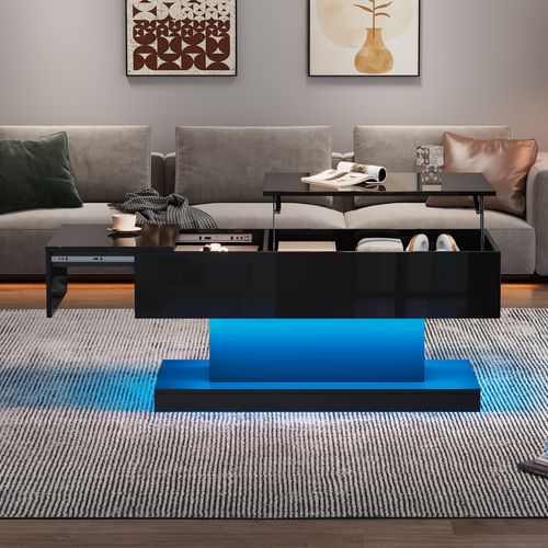 Table Basse Brillante 100x50x45 Cm Avec LED, Plateau Relevable, Design Coulissant Et Rangement