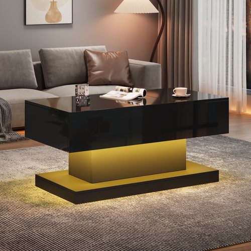 Table Basse Brillante 100x50x45 Cm Avec LED, Plateau Relevable, Design Coulissant Et Rangement