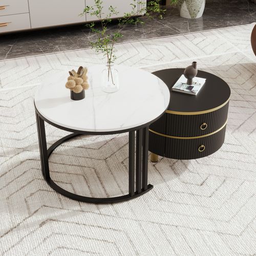 Table Basse Ronde 2 En 1 Effet Marbre Brillant Avec Tiroirs, Design Moderne Salon 70x46 Et 50x40 Cm