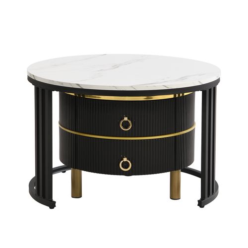 Table Basse Ronde 2 En 1 Effet Marbre Brillant Avec Tiroirs, Design Moderne Salon 70x46 Et 50x40 Cm