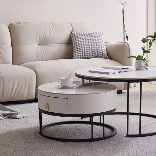 Table Basse 2 En 1 Ronde En Mdf, Plateau Marbré, Tiroirs ,  Pieds En Métal.