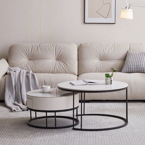 Table Basse 2 En 1 Ronde En Mdf, Plateau Marbré, Tiroirs ,  Pieds En Métal.