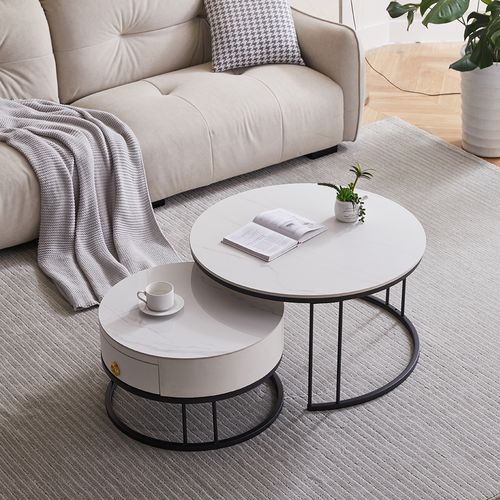 Table Basse 2 En 1 Ronde En Mdf, Plateau Marbré, Tiroirs ,  Pieds En Métal.