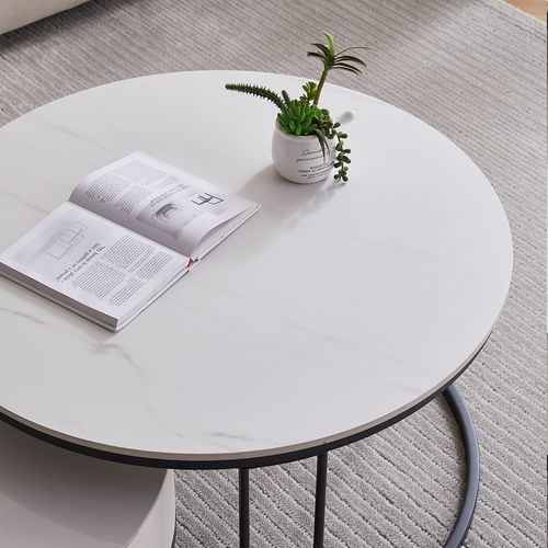 Table Basse 2 En 1 Ronde En Mdf, Plateau Marbré, Tiroirs ,  Pieds En Métal.