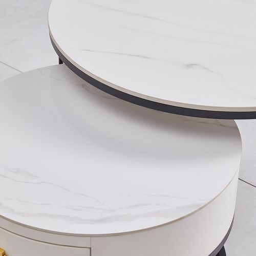 Table Basse 2 En 1 Ronde En Mdf, Plateau Marbré, Tiroirs ,  Pieds En Métal.