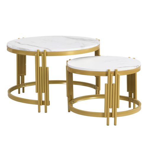 Ensemble Tables Basses Rondes Effet Marbre, Cadre Métal Doré, Deux Tailles Imbriquées Modernes