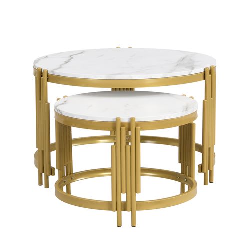 Ensemble Tables Basses Rondes Effet Marbre, Cadre Métal Doré, Deux Tailles Imbriquées Modernes