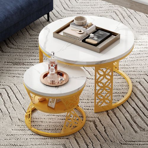 Ensemble De Tables Basses Gigognes Modernes, Rondes, Cadre Doré, 2 Pièces