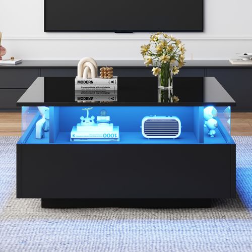 Table Basse Brillante LED 70x70x41 Cm, 2 Tiroirs, Espace Transparent, 30 Kg, Style Moderne