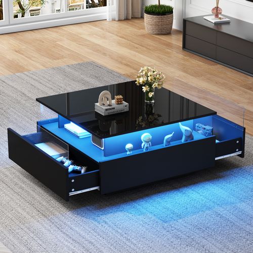 Table Basse Brillante LED 70x70x41 Cm, 2 Tiroirs, Espace Transparent, 30 Kg, Style Moderne