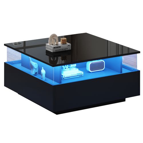 Table Basse Brillante LED 70x70x41 Cm, 2 Tiroirs, Espace Transparent, 30 Kg, Style Moderne