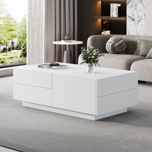 Table Basse Moderne 90x55x45 Cm, Plateau Coulissant, 4 Tiroirs, Élégante Pour Salon