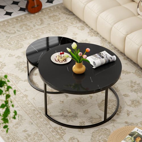 Table Basse Nesting Moderne, Set De 2 Tables Rondes, Plateau Marbré Brillant, Cadre Noir