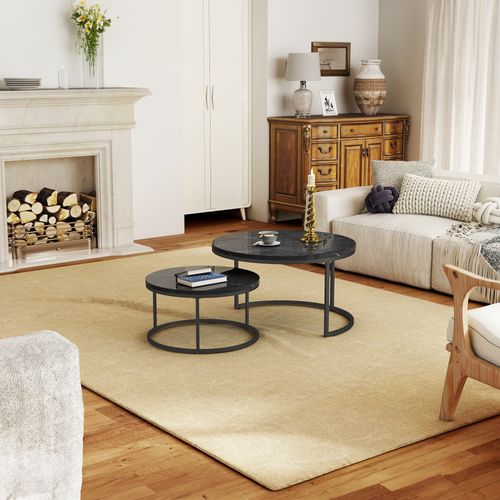 Table Basse Nesting Moderne, Set De 2 Tables Rondes, Plateau Marbré Brillant, Cadre Noir