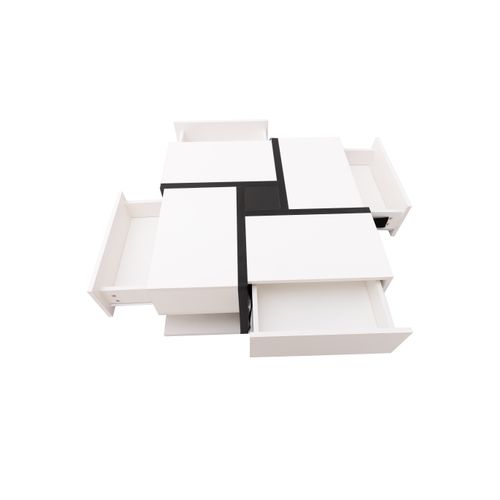 Table Basse Carrée Brillante Avec 4 Tiroirs Et Rangement Inférieur, Design Moderne Pour Salon