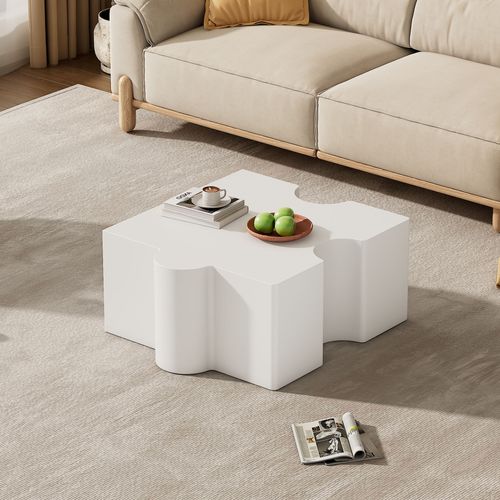 Table Basse Blanche 65x65x32 Cm, Motif Puzzle, Plateau Mdf, Design Artistique Moderne Pour Salon
