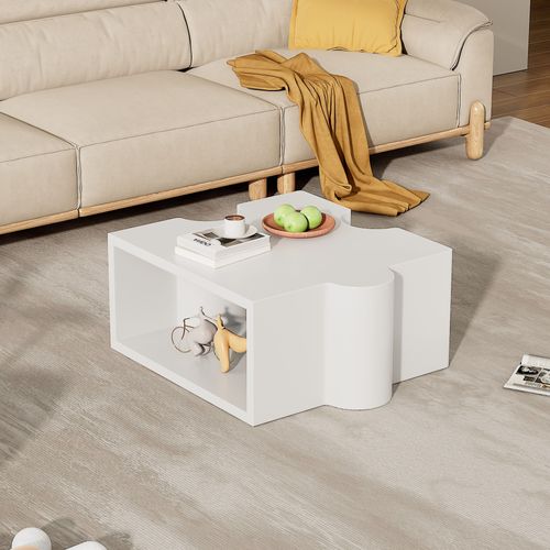 Table Basse Blanche 65x65x32 Cm, Motif Puzzle, Plateau Mdf, Design Artistique Moderne Pour Salon