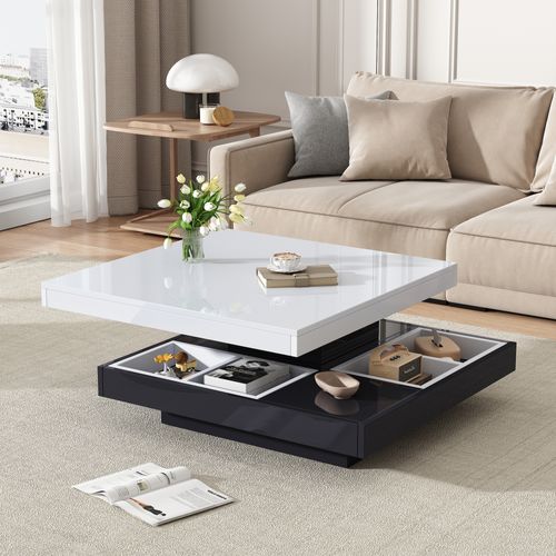Table Basse Rotative 360°, 2 Niveaux, Rangement, Blanc Brillant, Base Noire, 70x70x36 Cm