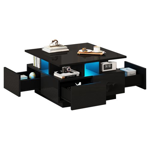 Table Basse Noire 70x70x40 Cm, LED Intégrée, 4 Tiroirs, Design Géométrique Brillant, Capacité 30 Kg
