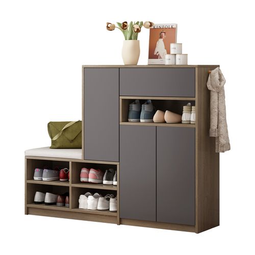 Meuble à Chaussures Gris 140x35x110 cm Avec Banquette Et Étagères Réglables, Multifonction