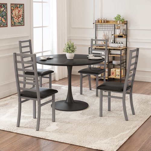 Ensemble Table Repas 120x120 Cm, 4 Chaises, Plateau Bois/mdf Noir, Pieds Métal, Assises Pu Gris