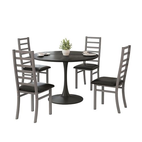 Ensemble Table Repas 120x120 Cm, 4 Chaises, Plateau Bois/mdf Noir, Pieds Métal, Assises Pu Gris