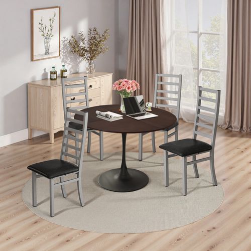 Ensemble Table Ronde120 Cm Avec 4 Chaises Brun/gris, Plateau Bois Et Pieds Métal Contemporain