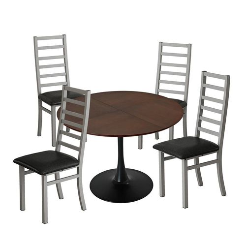 Ensemble Table Ronde120 Cm Avec 4 Chaises Brun/gris, Plateau Bois Et Pieds Métal Contemporain