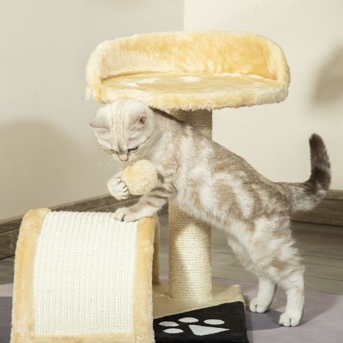 Lit 35,5x37x46 Cm Pour Chat En Peluche Beige, Poteaux Sisal, Pont Incurvé Et Balle Suspendue
