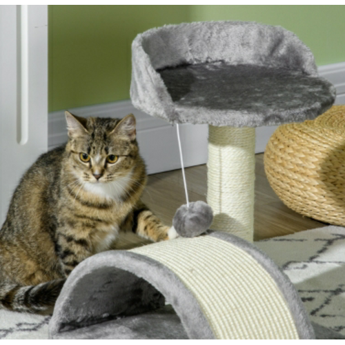 Lit Pour Chat 35,5 X 37 X 46 Cm En Peluche Grise, Arbre à Griffer Avec Poteaux Sisal Et Plateforme