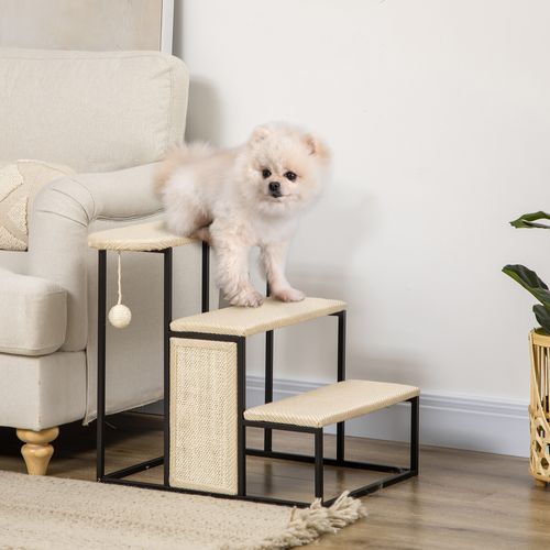 Escalier Pour Chat 51x54x53 Cm En Acier Crème Et Sisal – Marches Antidérapantes Et Jouet Intégré