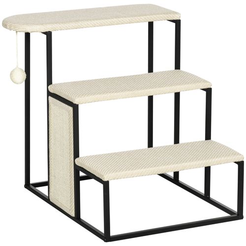 Escalier Pour Chat 51x54x53 Cm En Acier Crème Et Sisal – Marches Antidérapantes Et Jouet Intégré