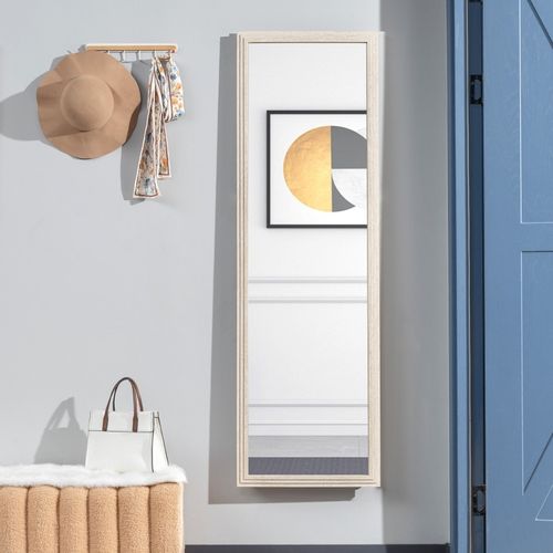 Miroir 160x50 Cm Blanc, Cadre Effet Pierre Texturée Et Pied Pliant, Verre Trempé 4 Mm