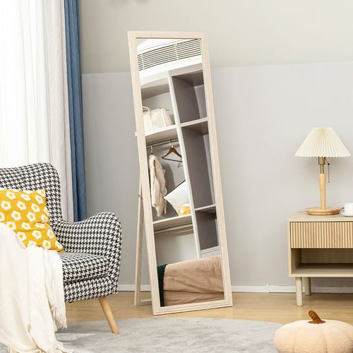 Miroir 160x50 Cm Blanc, Cadre Effet Pierre Texturée Et Pied Pliant, Verre Trempé 4 Mm