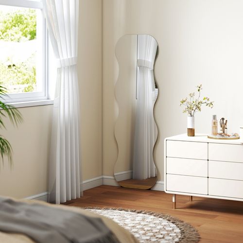 Miroir Sur Pied 160x50 Cm Sans Cadre Noir, Silhouette Ondulée Design Et Base En Pin