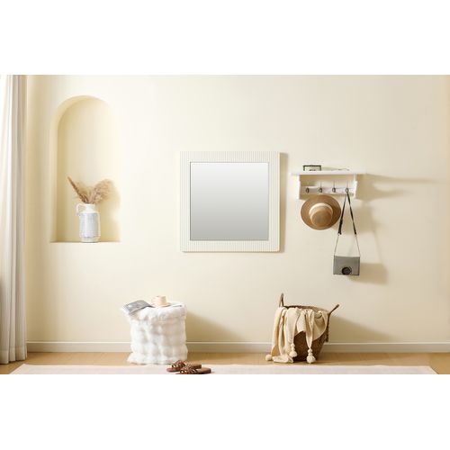 Miroir Mural Carré 80x80 Cm Blanc Imitation Bois, Cadre Mdf à Finition Striée Verticale