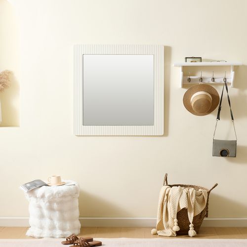 Miroir Mural Carré 80x80 Cm Blanc Imitation Bois, Cadre Mdf à Finition Striée Verticale