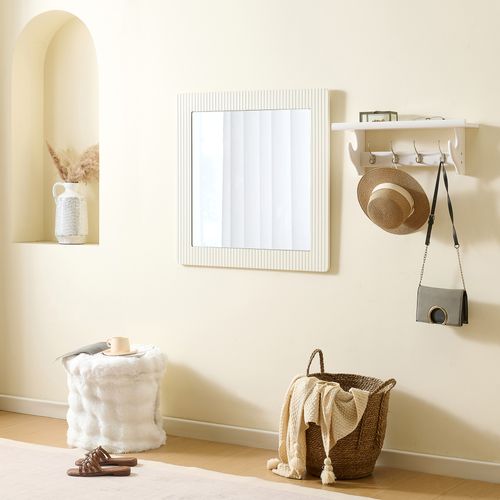 Miroir Mural Carré 80x80 Cm Blanc Imitation Bois, Cadre Mdf à Finition Striée Verticale