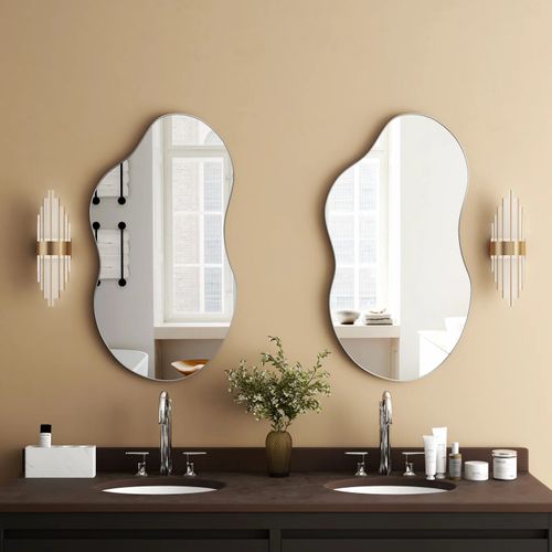 Miroir Mural Asymétrique 91x55 Cm En Verre Argent Hd, Cadre Métal Argent Brossé, Élégant
