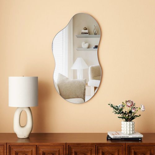 Miroir Mural Asymétrique 91x55 Cm En Verre Argent Hd, Cadre Métal Argent Brossé, Élégant