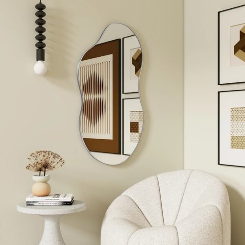 Miroir Mural Asymétrique 91x55 Cm En Verre Argent Hd, Cadre Métal Argent Brossé, Élégant