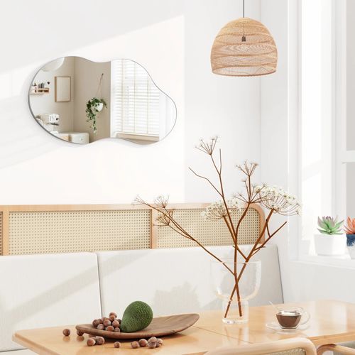 Miroir Mural Asymétrique 91x55 Cm En Verre Argent Hd, Cadre Métal Argent Brossé, Élégant