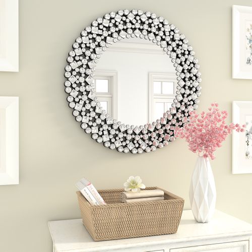 Miroir Mural Rond 86,4 Cm Avec Décor Acrylique Facetté Argenté, Cadre Mdf Et Miroir Hd