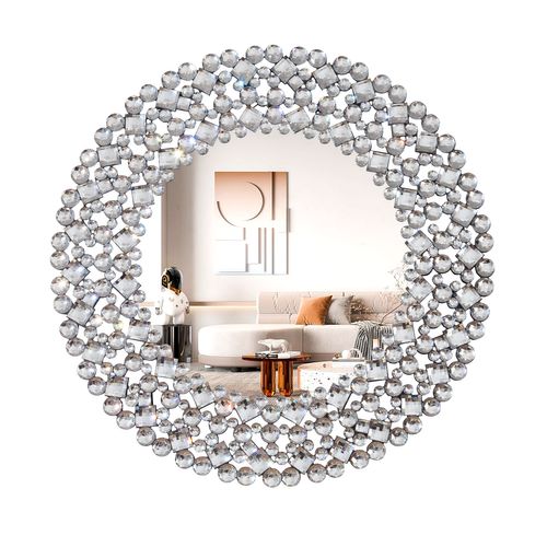 Miroir Mural Rond 86,4 Cm Avec Décor Acrylique Facetté Argenté, Cadre Mdf Et Miroir Hd