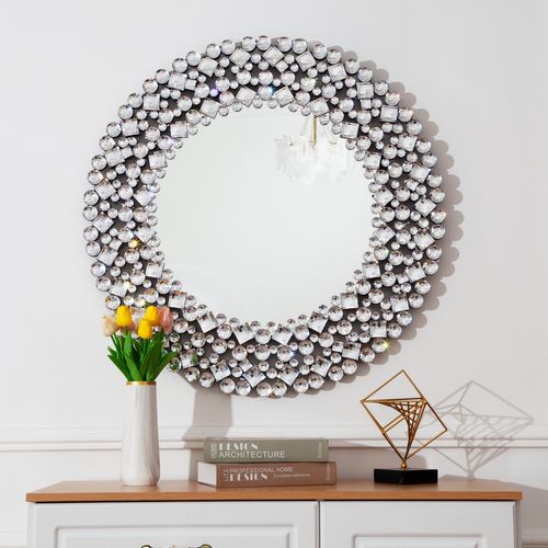 Miroir Mural Rond 86,4 Cm Avec Décor Acrylique Facetté Argenté, Cadre Mdf Et Miroir Hd