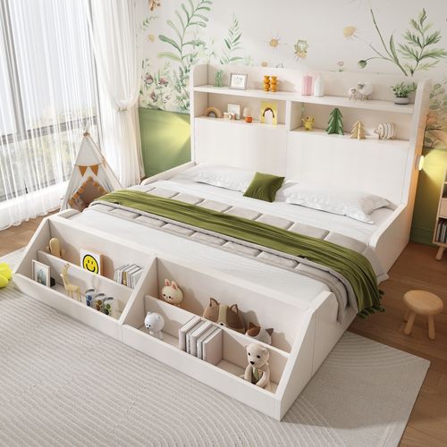 Lit Double 140x200 Cm Avec Structure En Bois Blanc Et Éclairage De Chevet