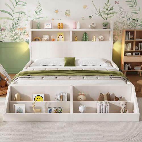 Lit Double 140x200 Cm Avec Structure En Bois Blanc Et Éclairage De Chevet